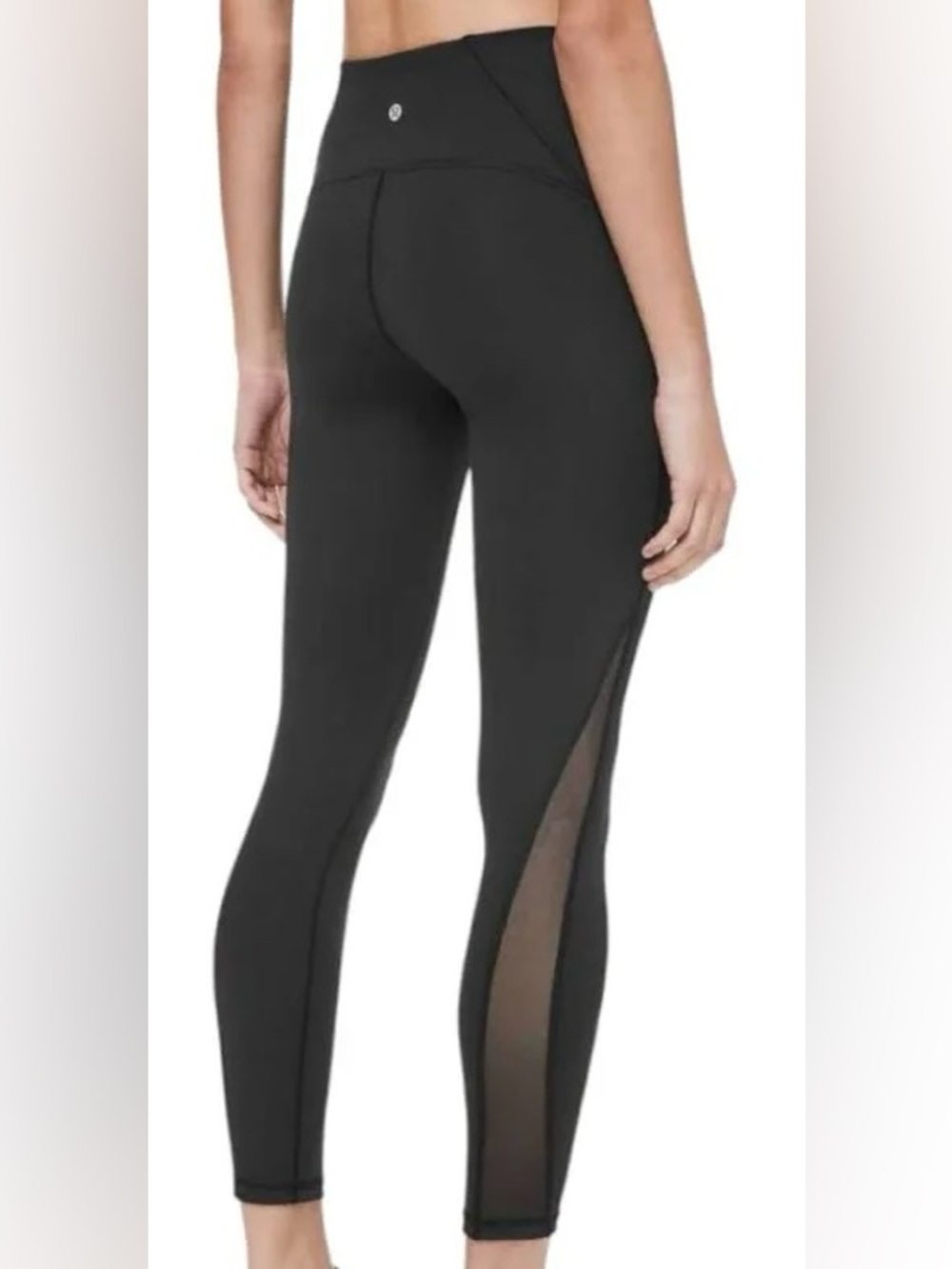 Lululemon Black Leggings Sheer Panels Ruched Backside Sz 4 Side Pockets 24”